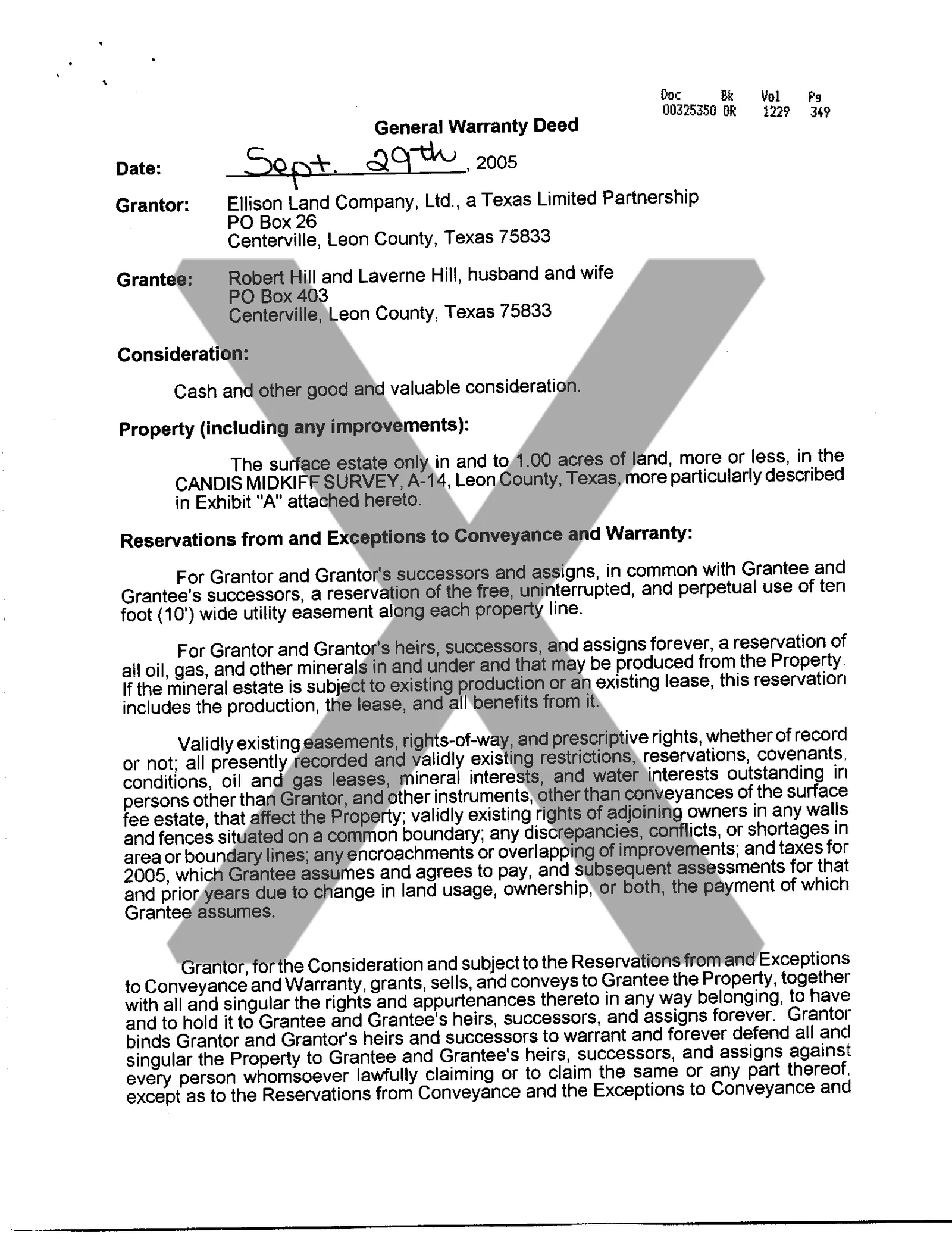 Ellison Land Company Ltd - Recorded General W/D (Vol. 1229, Page 349)