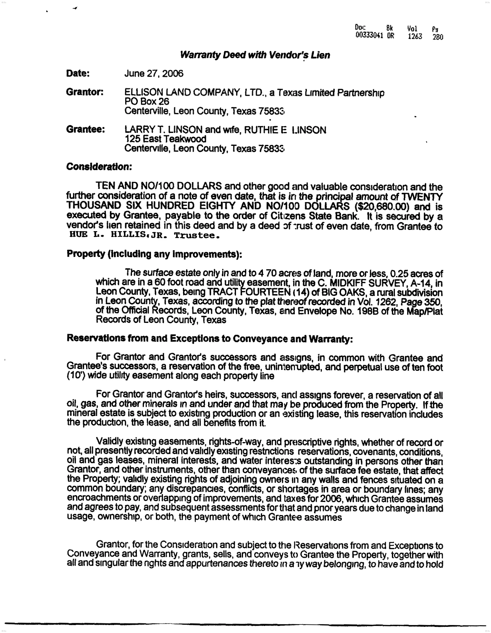 Ellison Land Company Ltd - Recorded Warranty Deed (Vol. 1263, Page 280)